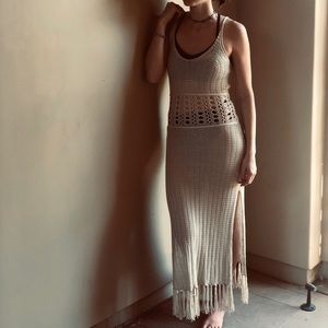 12th Tribe Boho Beige Crochet Fringe Maxi Dress